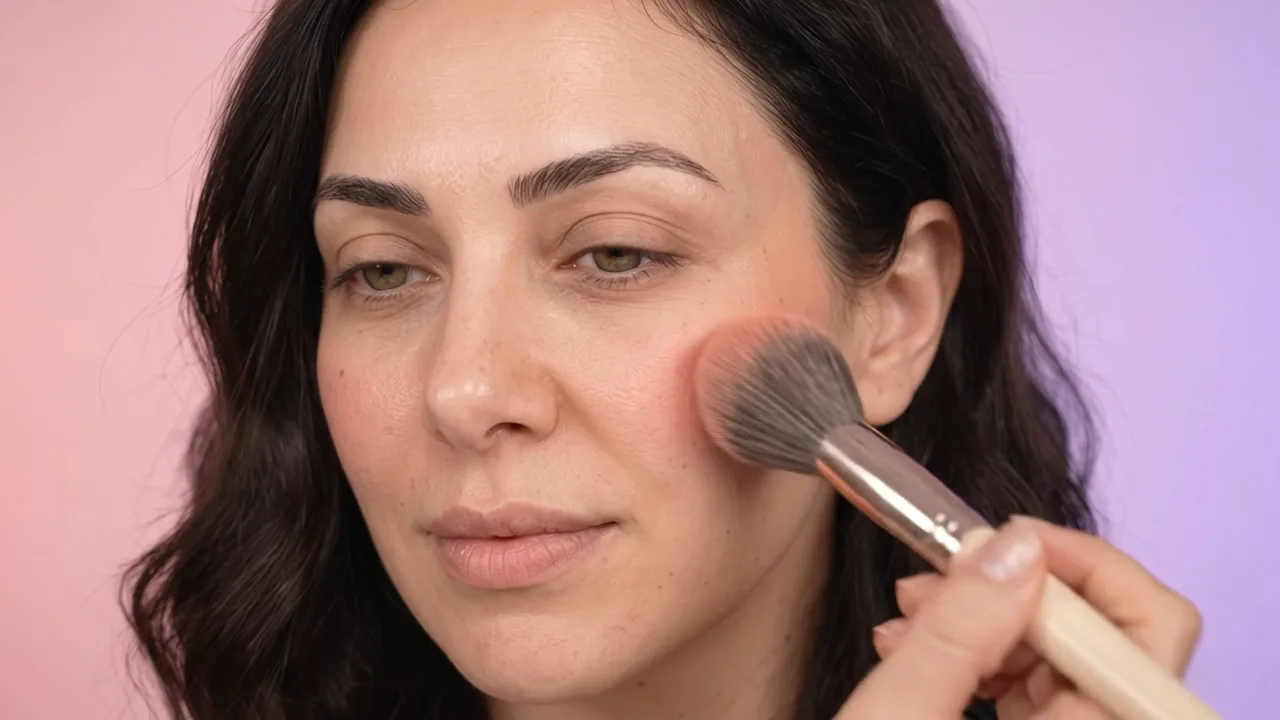 A woman blending coral blush onto her cheek on a pink and violet backdrop